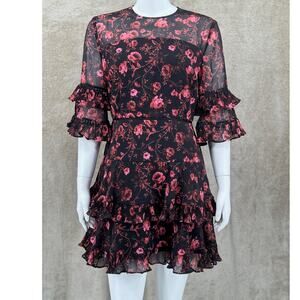Keepsake Dress Womens 8 Black Red‎ Floral Ruffles Frilly Whimsigoth Fairy Grunge